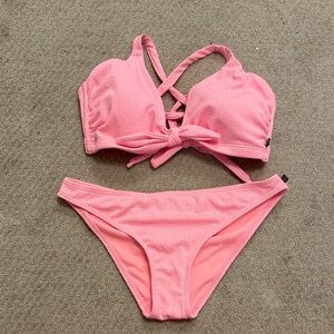 La vie en rose pink textured Bikini Set with Bow Detail